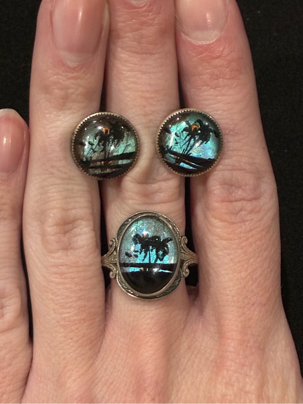Antique Art Deco Hoffman Sterling Morpho Butterfly Wing Ring & Earrings Set
